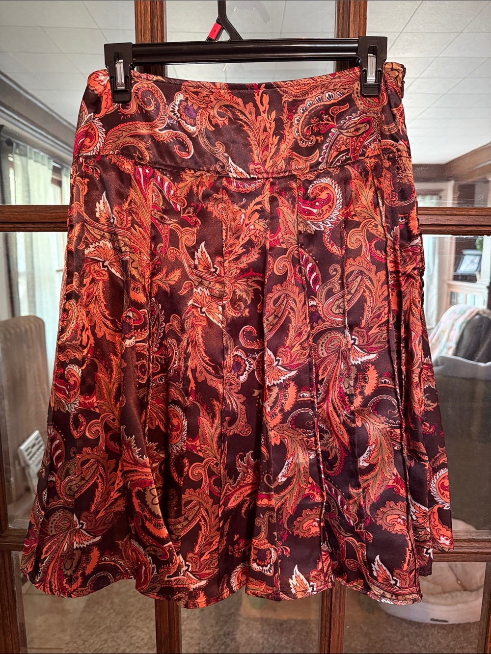 Worthington Womens Orange Burgundy Paisley Pleated A-Line Satin Skirt Size 8